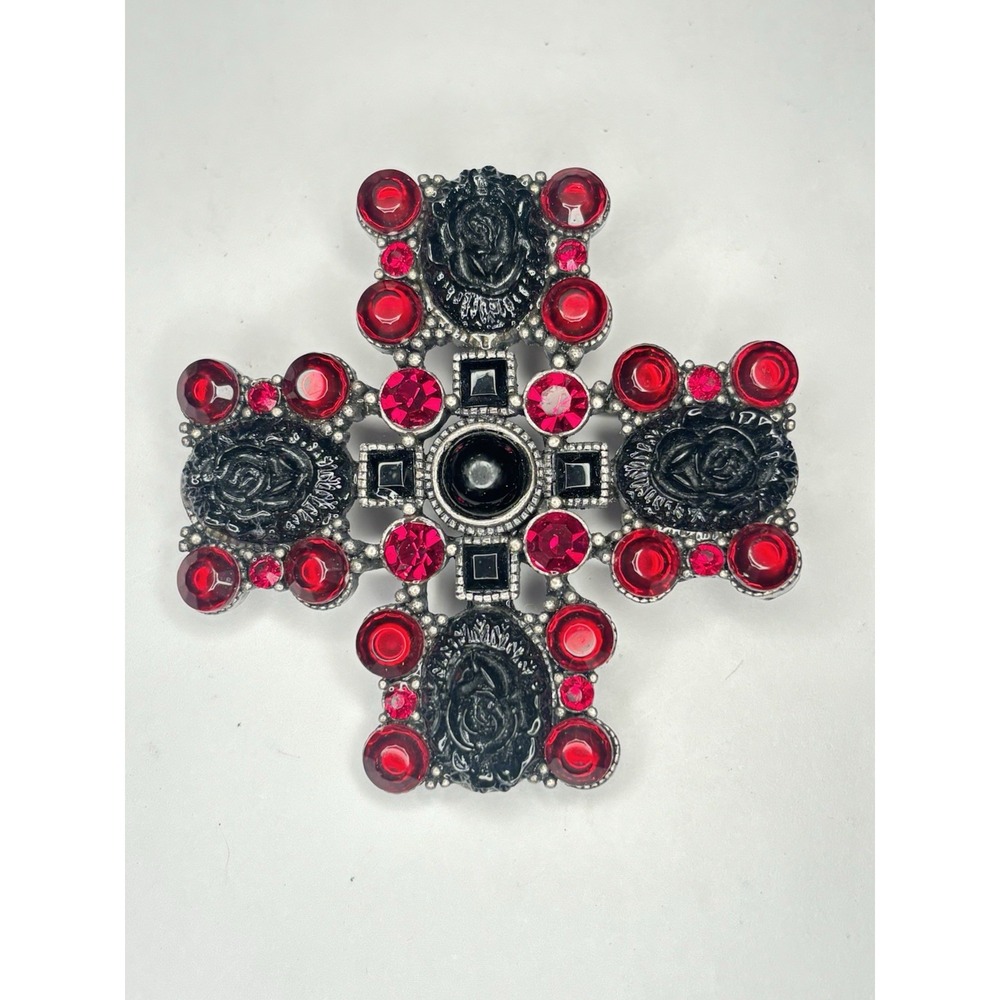 Vintage Gothic Cross Brooch Red Rhinestone Black Rose Silver Tone Statement